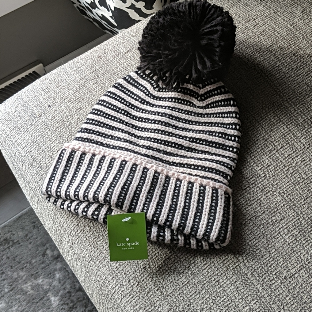 Kate Spade plaited rib cuff hat w/pom